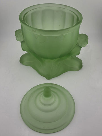 Vintage Art Deco Green Satin Glass Dolly Sisters Nymphs Powder Jar Candy Dish