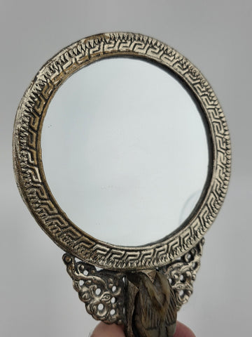 Rare Antique Chinese Ornate Jade and Silver  Carved Dragon Hand Mirror