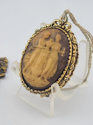 Rare Antique 19th C Victorian Glass Cameo Locket & Hair Pin Gilt Brass Classical
