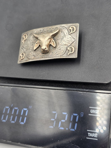 Nelson Co Sterling Silver 10K Solid Gold Bull Head Western Belt Buckle Engraved.