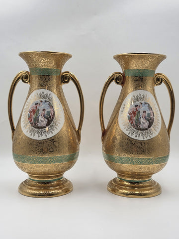 Pair Vintage Le Mieux 24 Karat Gold Handled Vases Victorian Scene Ladies Cherubs