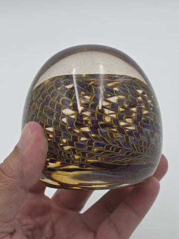 Signed Nichols Studio Art Glass Paperweight Purple Gold Vortex Swirl 4" WCU