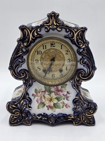 1889 WATERBURY Parlor No.98 Victorian Cobalt Blue Porcelain Ceramic Mantel Clock