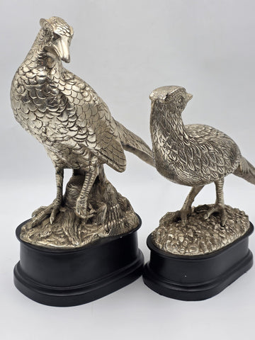 Vintage Pair XL Castilian Brass Pheasant Sculptures Cock Hen on Base 14 inch.