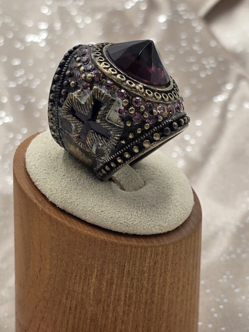 Rare Vintage Gothic Medieval Cross Ring Red Stone Rhinestone Statement Size 7.5