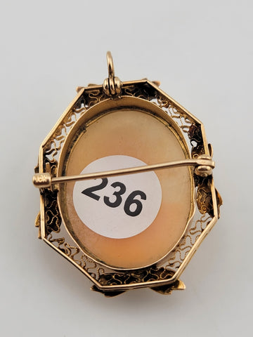 Antique Art Deco 10K Gold Portrait carved shell pendant brooch 1&1/4 inch.
