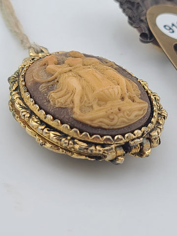 Rare Antique 19th C Victorian Glass Cameo Locket & Hair Pin Gilt Brass Classical