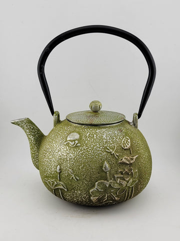 Antique Japanese Tetsubin Cast Iron Teapot Floral Green. Heavy & Large Size.