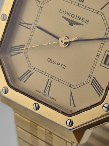 Vintage Longines 4898 Quartz Gold Plated Octagonal Watch Roman Dial Date Working