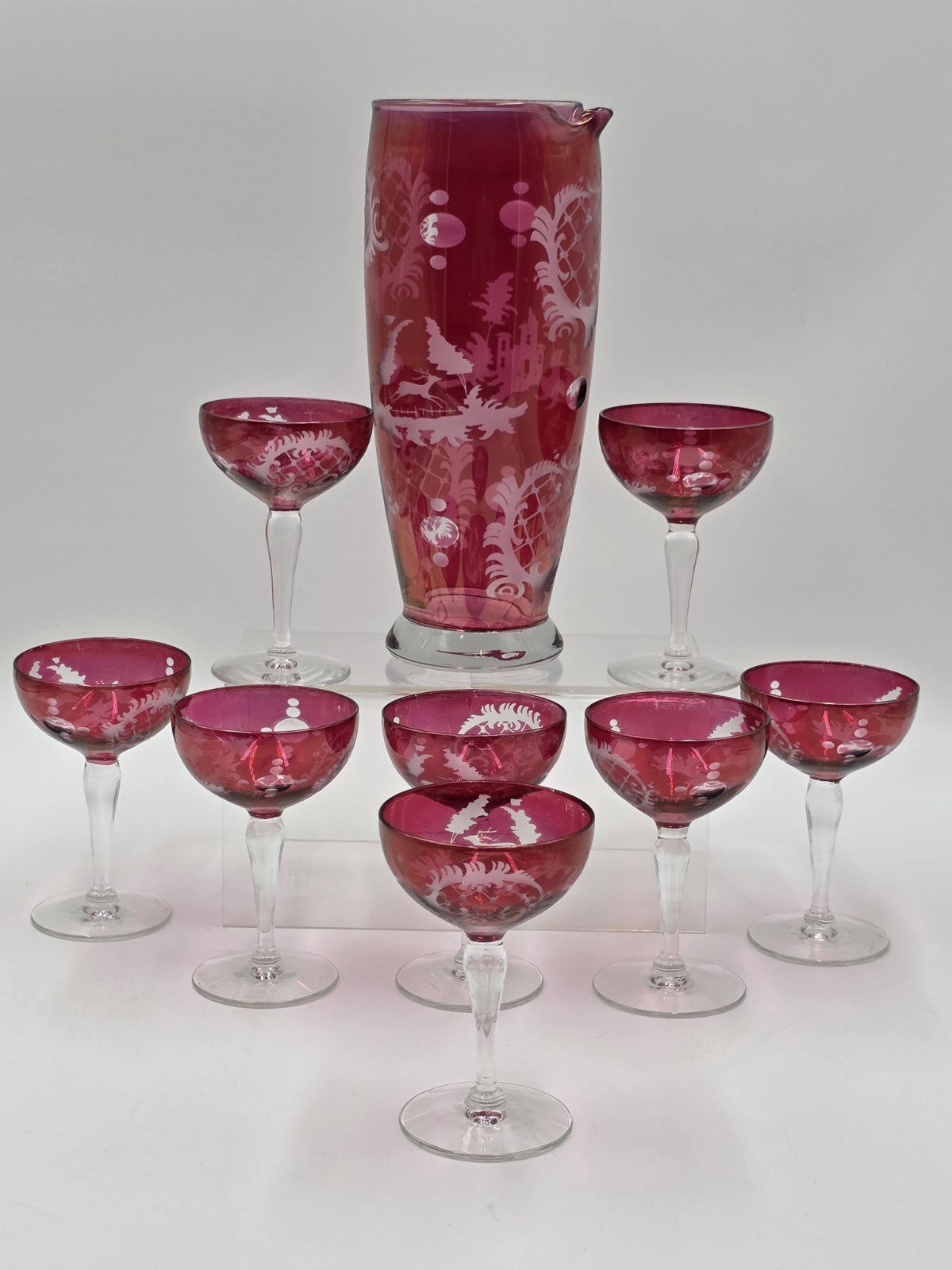 Rare Set Of 8 Antique Edwardian Wine Cranberry Glass Engraved Etched & Pitcher.