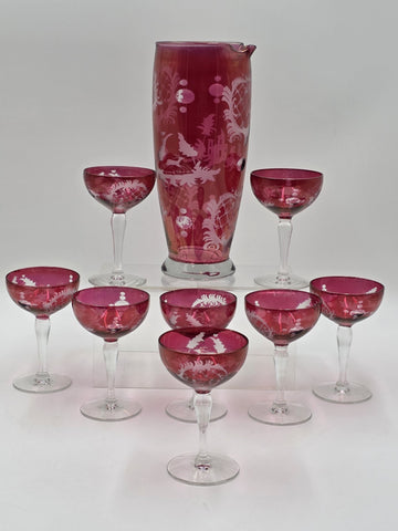 Rare Set Of 8 Antique Edwardian Wine Cranberry Glass Engraved Etched & Pitcher.