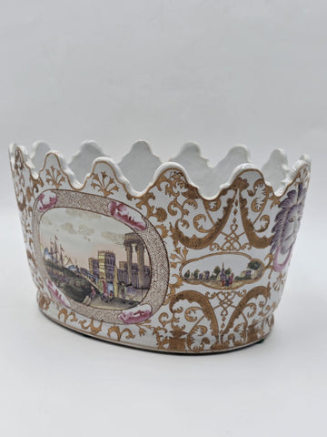 Chinese Export Porcelain Jardiniere C 1920 European Harbor Scene Gilt Cachepot