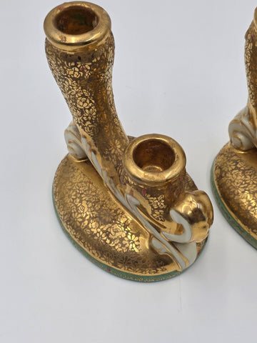 Pair 1930's  LE MIEUX CHINA 24 KARAT GOLD DOUBLE CANDLE STICK HOLDERS VINTAGE