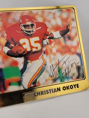 CHRISTIAN OKOYE, 8 x 10 Hand Signed KANSAS CITY CHIEFS Player Bio on Back