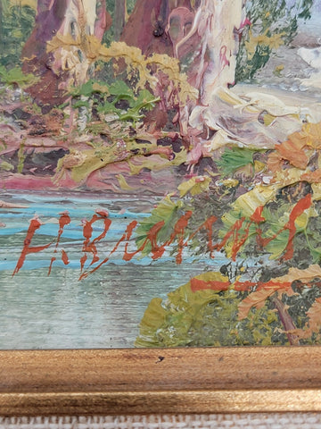 Vintage Mid-century Small Landscape Painting In Gold Wooden Frame. Artist Signed