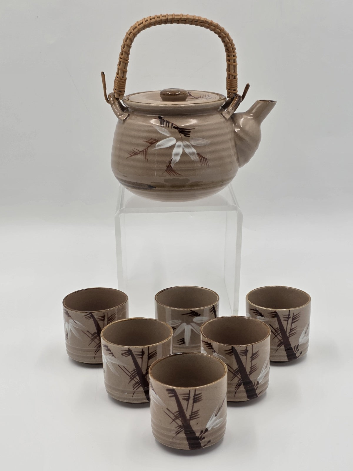 Vintage Japanese Ceramic Tea Set Bamboo Motif Teapot & 6 Cups Stoneware. VG Cond