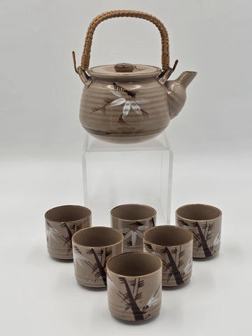 Vintage Japanese Ceramic Tea Set Bamboo Motif Teapot & 6 Cups Stoneware. VG Cond
