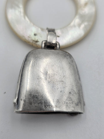 Pair Antique Sterling Silver Mother Of Pearl Baby Teething Rattles Mr Bear Goose