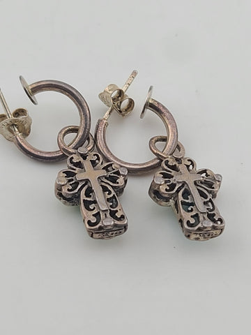 Rare OOAK Sterling Silver Southwestern Inlay Cross Dangle Hoop Earrings 925