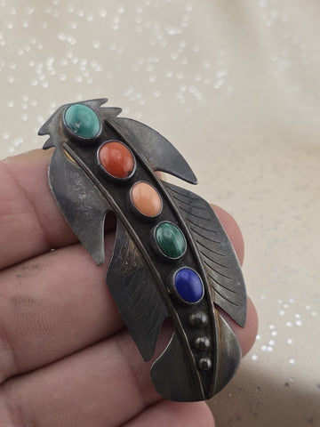 Vintage Navajo Sterling Silver & Gemstone Large Feather Pierced Post Earrings