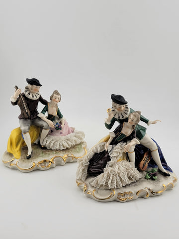 Set Of 2 Antique 19th C Victorian Dersden Germany Laced Figurine Courting Couple