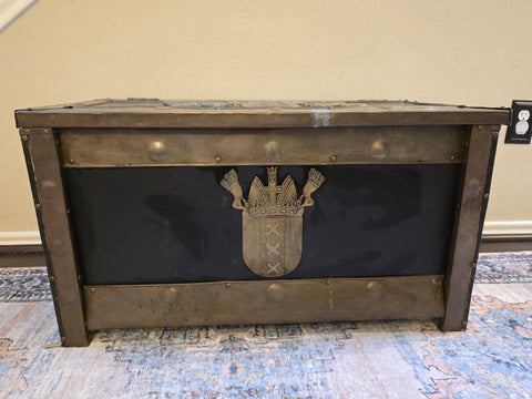 Private: RARE ANTIQUE 19TH C CONTINENTAL BRASS BOUND KINDLING BOX W ARMORIAL.