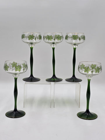 Set Of 5 Theresienthal Enameled Hock Stemware Wine Glass W Grapes & Leaves C1920