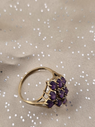 Antique 10K Solid Gold Amethyst Cluster Ring Diamond Accents Size 7.5 W Box.