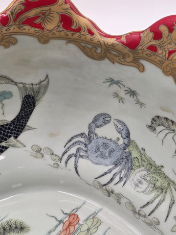 Antique XL Chinese handpainted Red porcelain 24kt gold Oval Footbath, Jardiniere