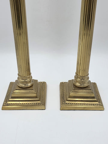 Pair Antique Monumental Brass Fluted Column Candlestick Neoclassical Regency 22”