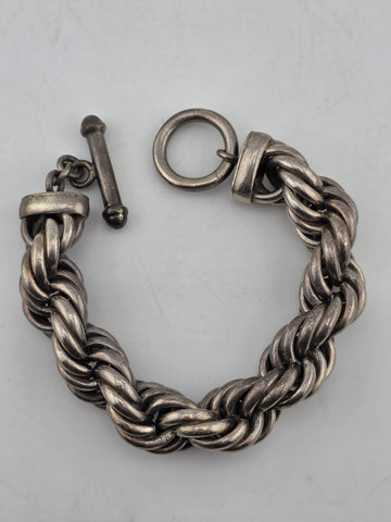 Antique Heavy 121g Sterling Silver 925 Chunky Rope Link Bracelet Toggle Clasp.