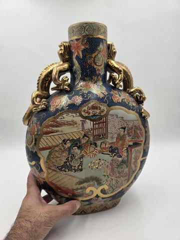 Vintage Royal Satsuma Moon Flask Bottle Vase Gold Gilt Dragon Handles Large 14"