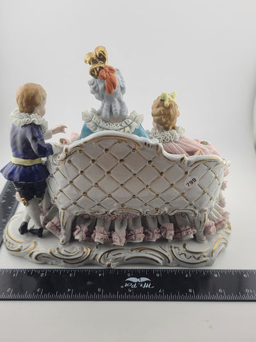 Antique 19th C Dresden Lace 3 Figure Sofa Group Porcelain Figurine U&S Germany