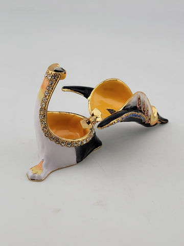 Vintage Penguin Treasure Inside Enameled Rhinestone Trinket Box In Original Box.