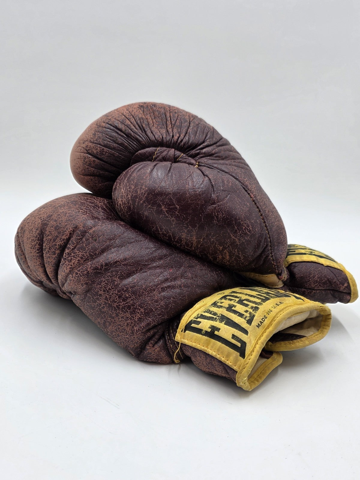 Antique 1950s Everlast 12oz Brown Leather Lace-Up Boxing Gloves Made in USA