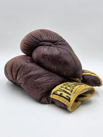 Antique 1950s Everlast 12oz Brown Leather Lace-Up Boxing Gloves Made in USA