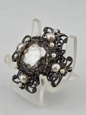 VTG 1950s Signed Miriam Haskell Brooch Pin 1 7/8 Filigree Faux Pearls Ornate