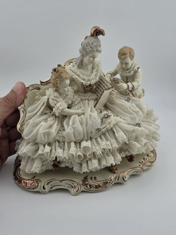 Large Dresden Art Germany Lace Porcelain Figurine Lady w Children W Sofa Reading