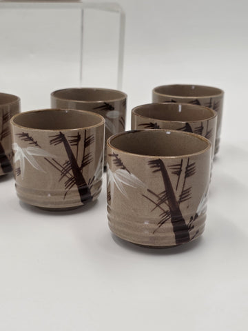 Vintage Japanese Ceramic Tea Set Bamboo Motif Teapot & 6 Cups Stoneware. VG Cond