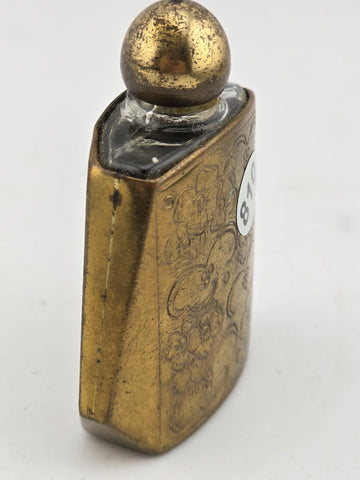 Mid Century Miniature French  Perfume Bottle in Gold Tone with Engraved Flowers.