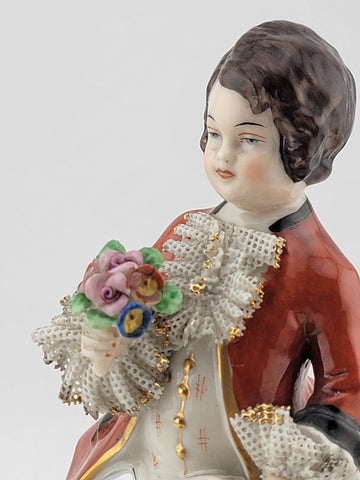 Antique Frankenimal Dresden Porcelain Figurine Boy With Top Hat & Flowers.