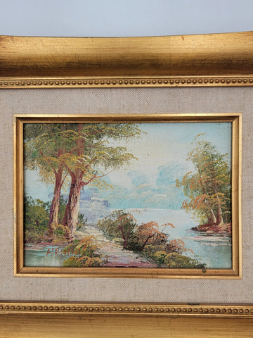 Vintage Mid-century Small Landscape Painting In Gold Wooden Frame. Artist Signed