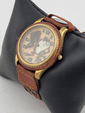 Rare Collectible Taz Wooden Dial Bezel Braided Leather Fossil Watch. Serviced.