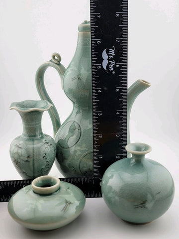 Rare Set Of 4 Goryeo Celadon Cloud & Crane Design Mineiwa Korean Living National