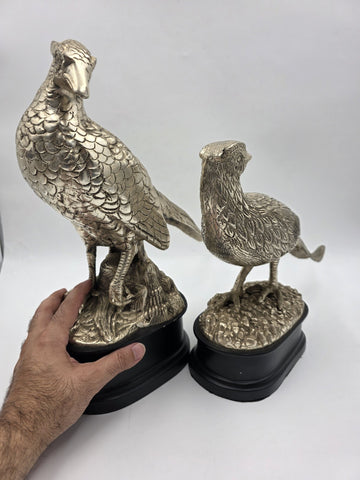 Vintage Pair XL Castilian Brass Pheasant Sculptures Cock Hen on Base 14 inch.