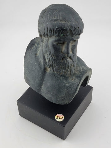 Vintahe Zeus sculpture statue on black marble base green aged color effect