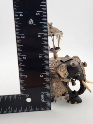 Rare Antique Indian Ebony Silver Overlay Jeweled Elephant W Real Ruby Stone.