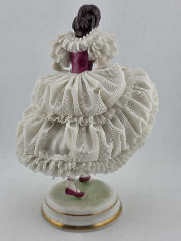 Antique Dresden Lace Porcelain Figurine Lady Dancer Flowers Germany MZ Crown 7”