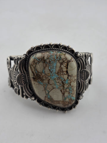 Huge Vintage Oscar Alexius Turquoise Sterling Silver Cuff Bracelet Navajo Signed