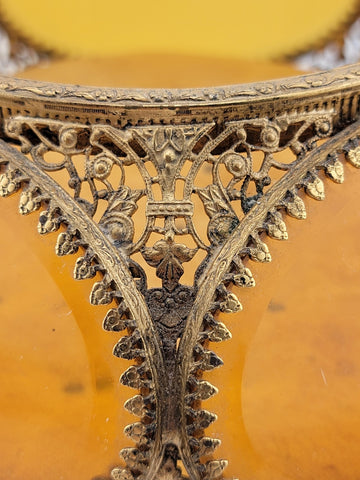 Antique Ormolu Filigree Trinket Casket Vitrine Box, 5-Sided Beveled Amber Glass